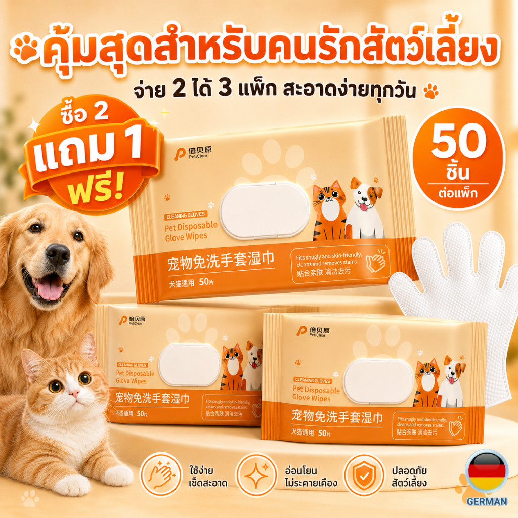 ถุงมือเช็ดทำความสะอาดหมาแมว 50 ชิ้น ใช้งานง่าย จับถนัดมือ