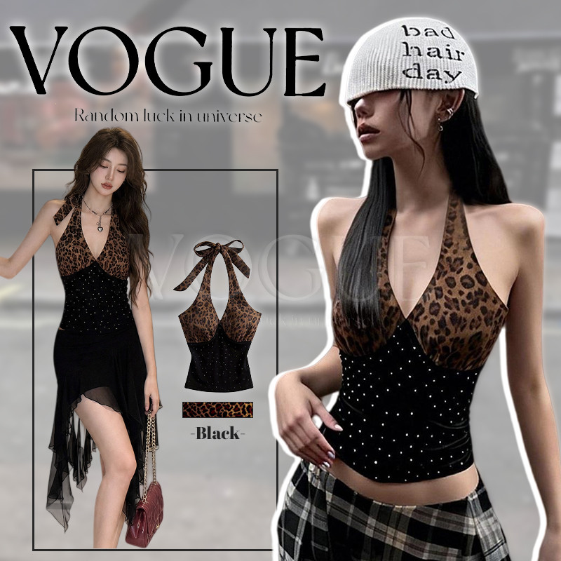 Vogue🌟พร้อมส่ง🌟 เสื้อคล้องคอลายเสือดาวแล่นแสง สไตล์อเมริกัน กระชับเอวช่วยเสริมรูปร่าง (FY3226)