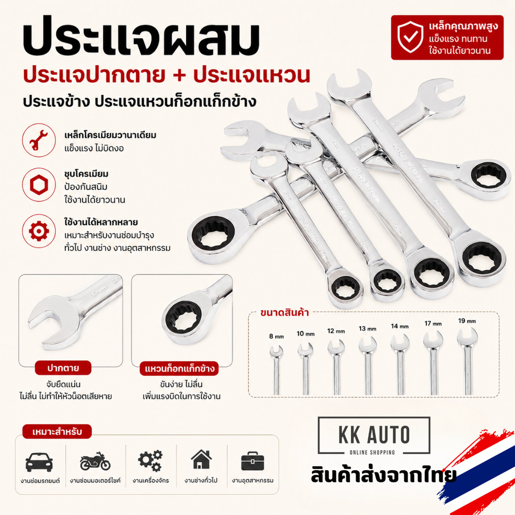 ประแจ ปากตายข้างประแจแหวนก็อกแก็กข้าง ประแจรวม ประแจปากตายข้าง แหวนข้าง ประแจ เลือกเบอร์ได้ เบอร์ 8-19 มม.