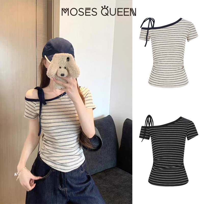 MOSESQUEEN มอสควีน เสื้อยืดแขนสั้นเปิดไหล่ลายทางผ่อนคลายสไตล์เกาหลีที่เข้ารูปกระชับสัดส่วนและโชว์ไหล่ #63892