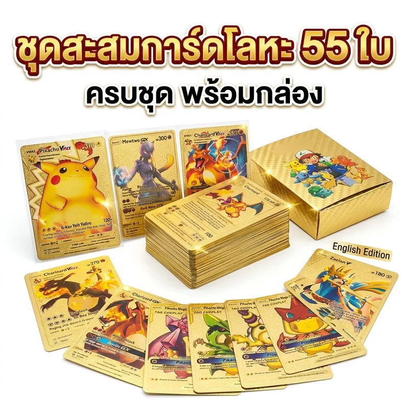 การ์ดโปเกมอน ฟอยล์ทอง ภาษาอังกฤษ ชุดสะสม 55 ใบ การ์ดโลหะ โปเกมอน การ์ดเกม เทรดดิ้ง