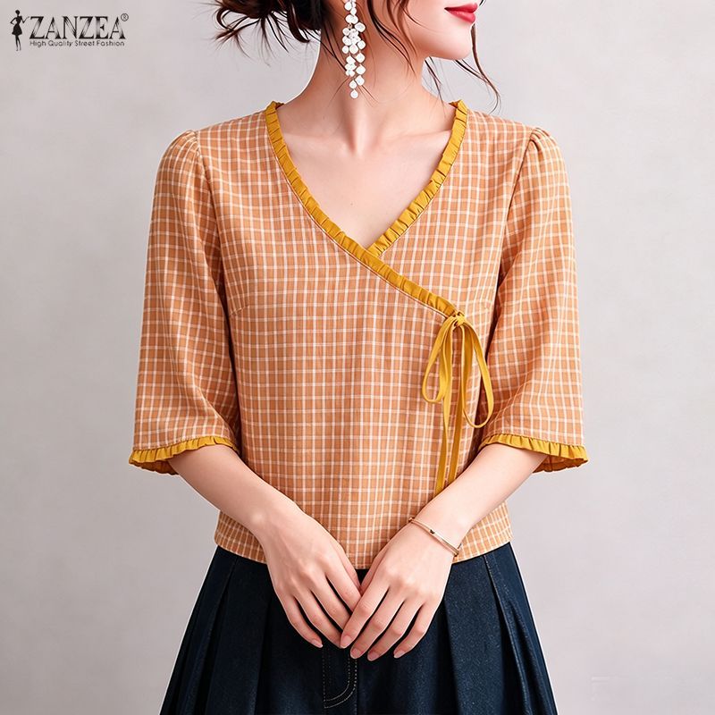 ZANZEA ผู้หญิงเกาหลีวินเทจ V คอกลางแขนด้านข้าง Tie-Up Contrast Edge Checkered เสื้อเบลาส์ — صورة 4