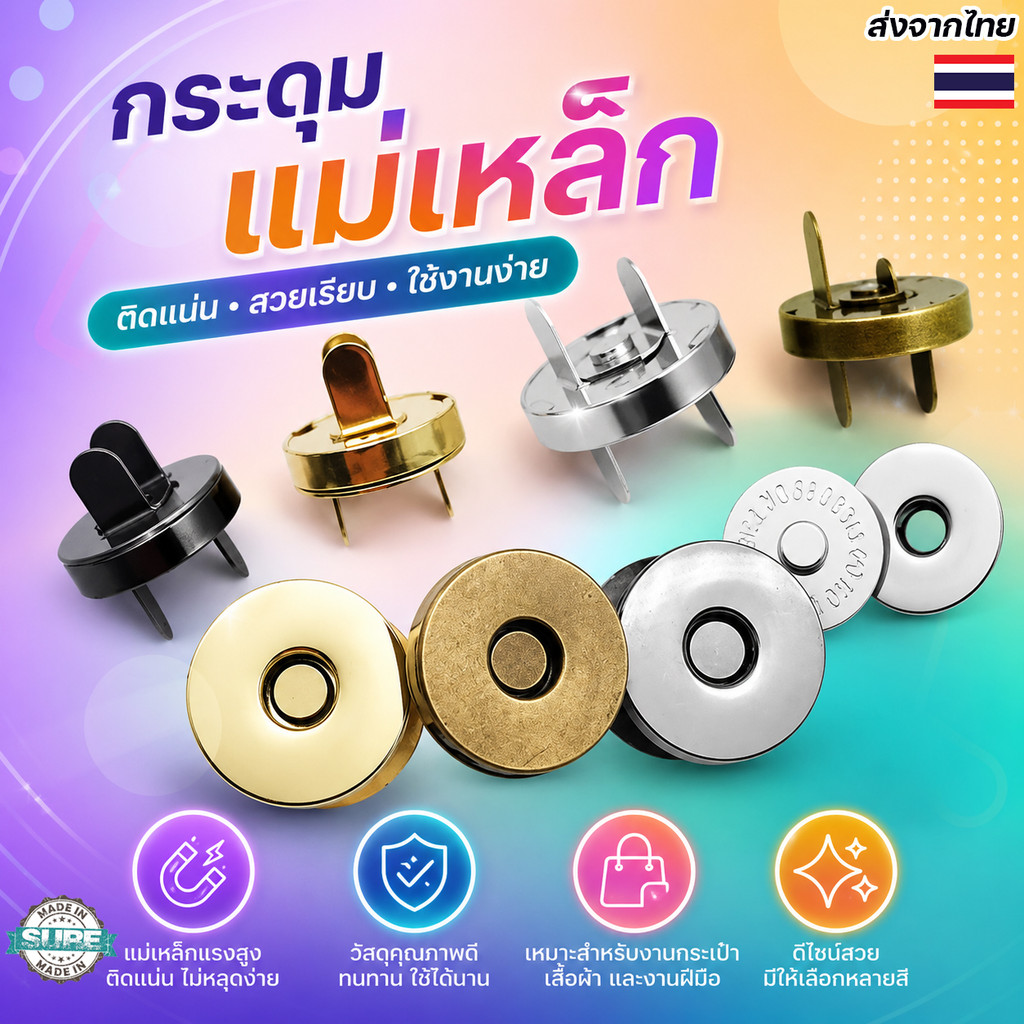 กระดุมแม่เหล็ก 10 คู่ ขนาด 1.4 ซม. และ 1.8 ซม. อุปกรณ์เสริมกระเป๋าสตางค์และเสื้อโค้ท ติดง่าย ใช้งานนาน