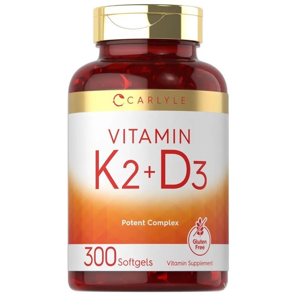 Carlyle วิตามิน K2 และ D3 ขยาย | 300 ซอฟท์เจล | 200mcg K2 MK7 และ 10,000 IU D3 | ไม่ใช่จีเอ็มโอ ปราศจากกลูเตน