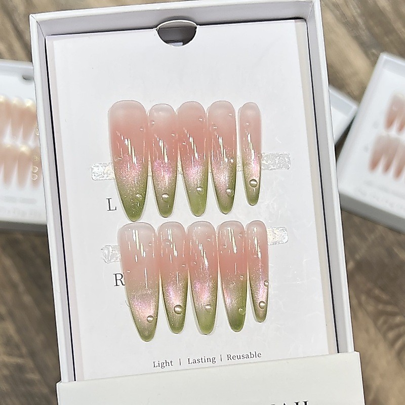 Derison Guava Cats Eye Wear Nails Pure Handmade Simple Green Gentle Nude Blush Nails ผลิตภัณฑ์สําเร็