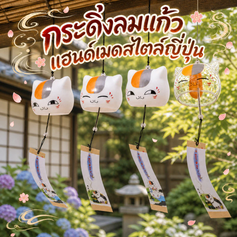 กระดิ่งลมแก้วแฮนด์เมดสไตล์ญี่ปุ่น🐱 กระดิ่งลมลายลมญี่ปุ่น 3 นิ้ว แก้วใส ดีไซน์แมวมินิมอล ชิลๆ ตกแต่งบ้าน/สวน/ห้องนอน