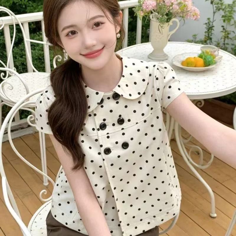 เสื้อเชิ้ตไหล่ เสื้อเข้ารูป Po สไตล์อเมริกันบวกวิทยาลัยลมแขนสั้นสวมใส่ด้านบนฤดูร้อนผู้หญิงสไตล์บาง D