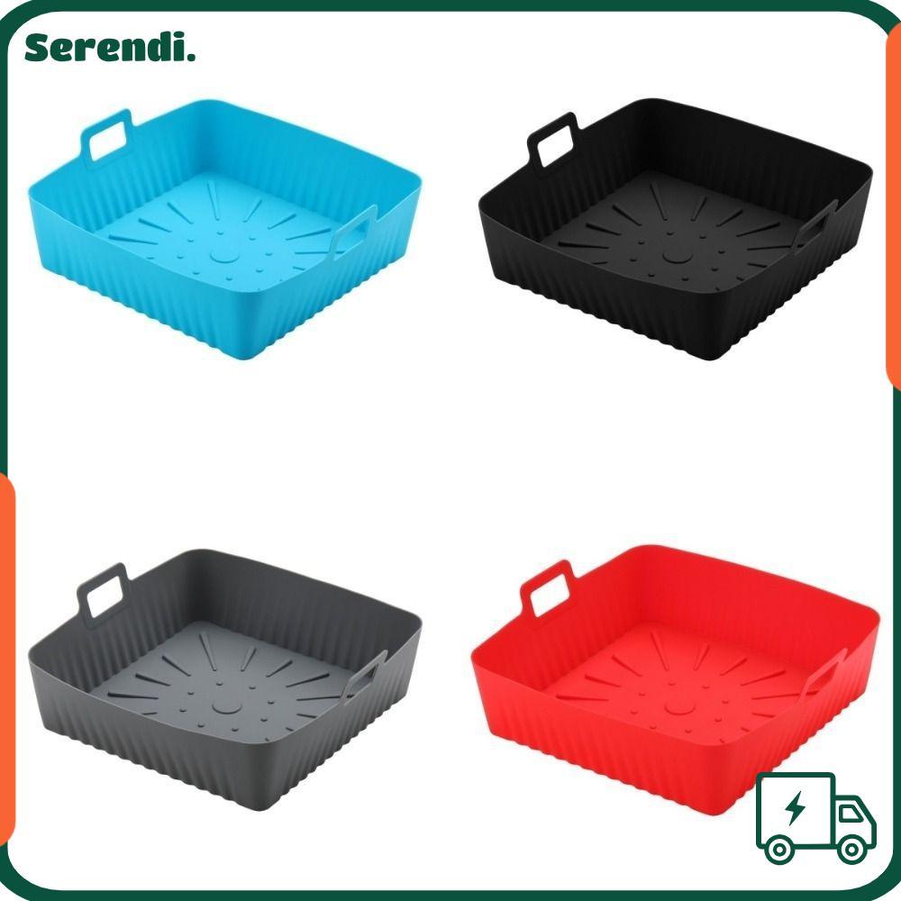 SERENDI Air Fryer Liners, นํากลับมาใช้ใหม่ได้ 9" ขนาดใหญ่ถาดอบ, แบบพกพาพร้อมที่จับซิลิโคนทนความร้อน 