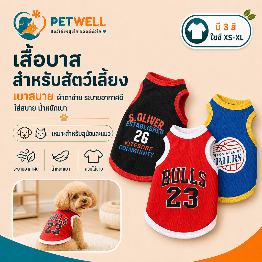 เสื้อบาสเกตบอล PETWELL สำหรับสัตว์เลี้ยง – เสื้อยืดลายบาสเกตบอลน่ารักสำหรับสุนัขและแมว
