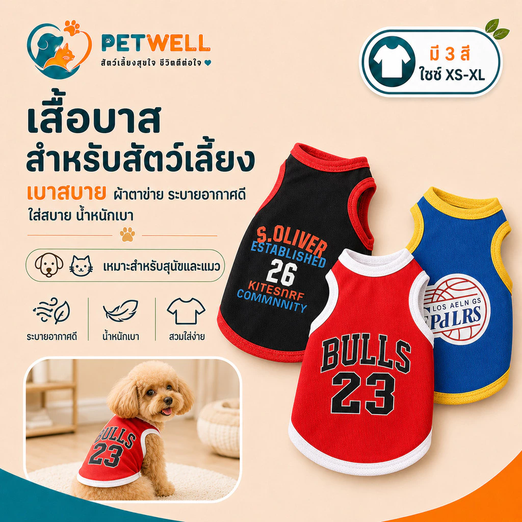 เสื้อบาสเกตบอล PETWELL สำหรับสัตว์เลี้ยง – เสื้อยืดลายบาสเกตบอลน่ารักสำหรับสุนัขและแมว