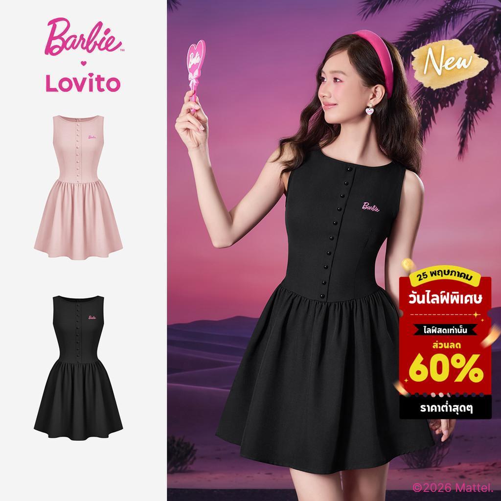 (New Arrival) Barbie™ X Lovito ชุดเดรสสีชมพูสั้นผู้หญิง ฤดูใบไม้ผลิ/ร้อน ทรงเอ กระดุมหน้า ปักลายและไหล่เปิด เกาหลี อินเทรนด์ LBL5AD011