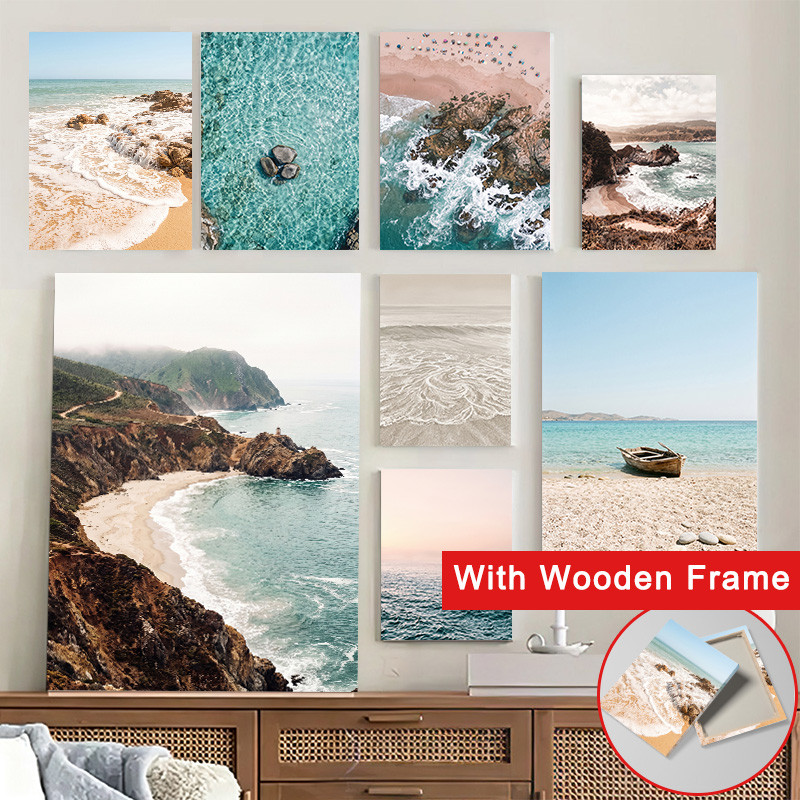 (พร้อมกรอบ) Neutral Coastal Ocean Canvas Wall Art Beach Wave Seascape ธรรมชาติภูมิทัศน์การถ่ายภาพพิมพ์ความงาม Wall Decor สําหรับห้องนั่งเล่นห้องนอนห้องโถง Beach House