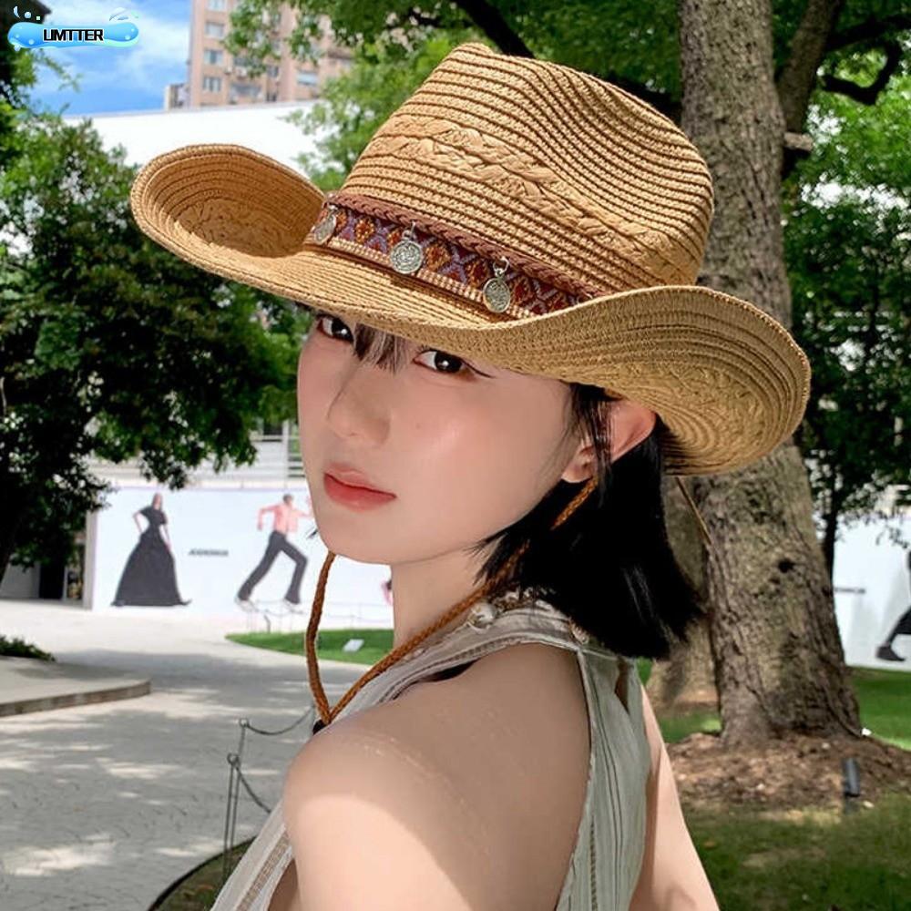 UMTTER หมวกฟางตะวันตก, หมวกปีกกว้างน้ําหนักเบาหมวกฟางคาวบอย, ป้องกันรังสียูวีสไตล์ชาติพันธุ์พร้อมเชือกเส้นเล็กลมชายหาดวันหยุด