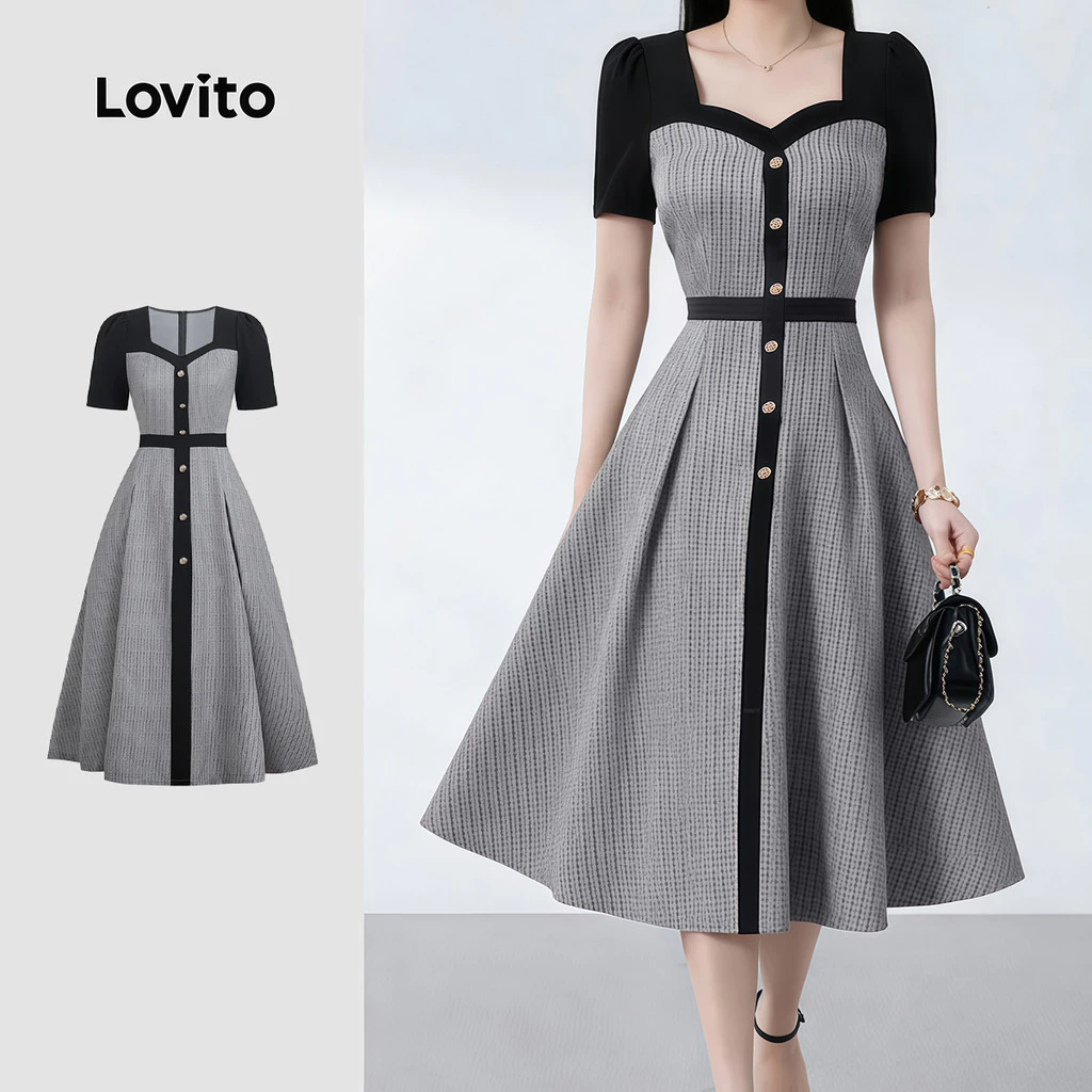 Lovito เดรสสีดําแบบคัลเลอร์บล็อกพร้อมกระดุมด้านหน้า สไตล์ฤดูใบไม้ผลิ/ฤดูร้อนสําหรับผู้หญิง LBL35174