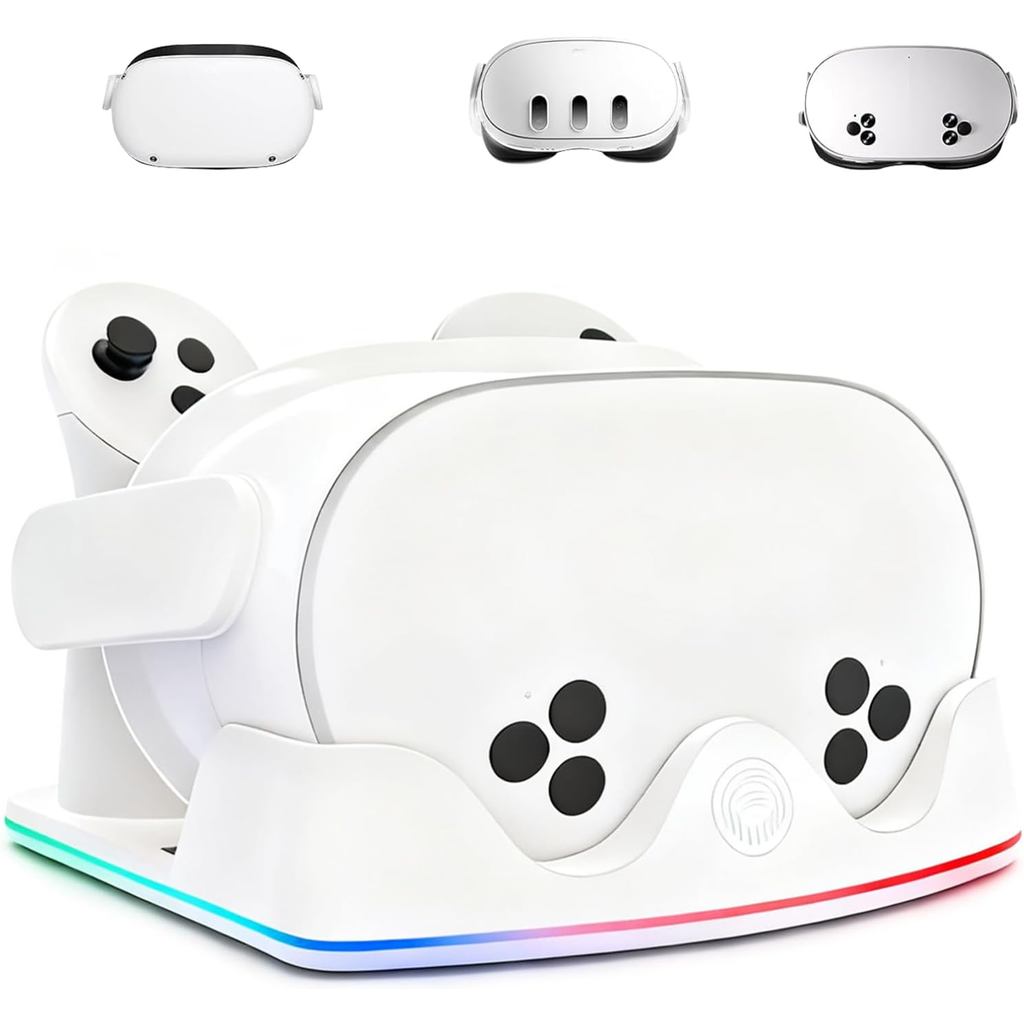 แท่นชาร์จ Tendak สําหรับ Meta Quest 3S/Quest 3/Quest 2, แท่นชาร์จ VR พร้อมไฟ RGB, สาย Type C และที่เ