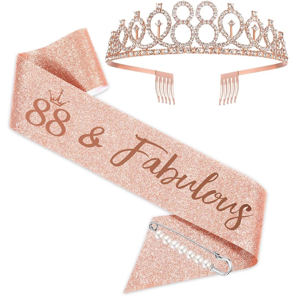 BRT Bearingshui 88th วันเกิด Tiara และ Sash สําหรับผู้หญิง, Rose Gold Crown สําหรับ Fabulous 88th Bi