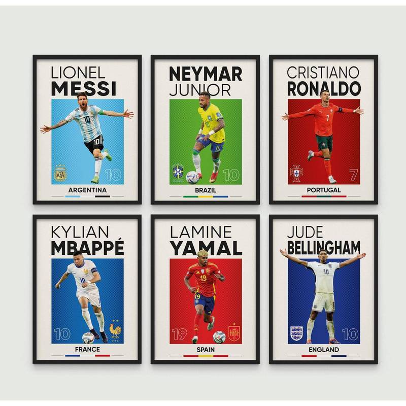 ทีมชาติฟุตบอล Star Canvas Wall Art Set Messi Ronaldo Mbappe Bellingham Minimal Sports Poster Decor
