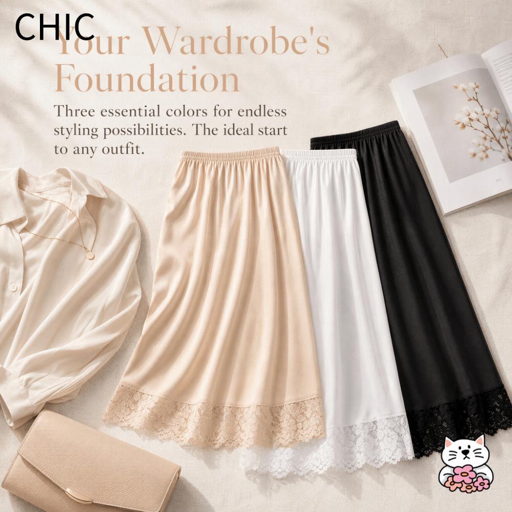 CHIC Underkirt, Anti-Penetrating ผ้าไหมน้ําแข็งบาง Modal หญิงครึ่งความยาวกระโปรง, แฟชั่นตาข่ายสีบริสุทธิ์ดอกไม้ลูกไม้ Innerwear กระโปรงสั้นผู้หญิง