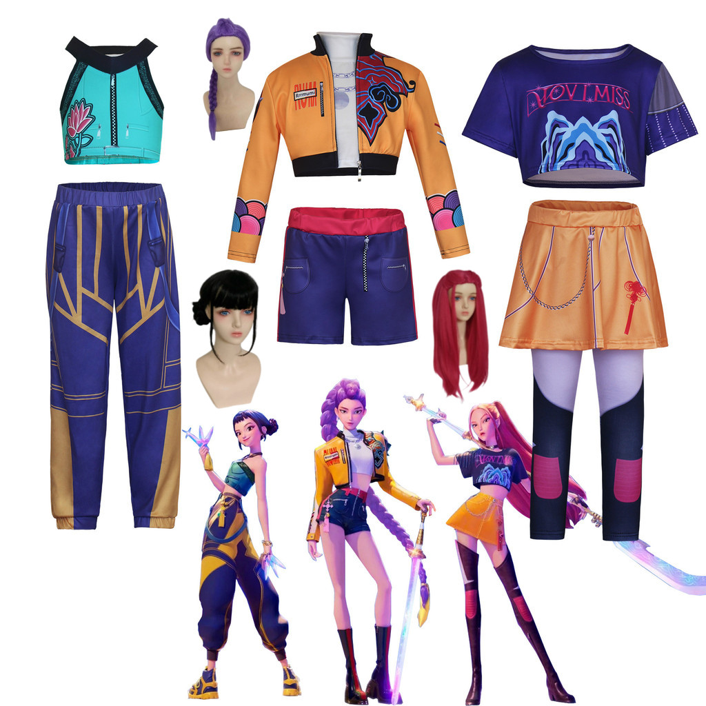 ชุด kpop demon hunters เด็ก ชุดคอสเกิร์ลกรุ๊ป KPOP ล่าแม่มด ฮาโลวีน เซ็ตเสื้อคลุม+เสื้อใน+กระโปรง+วิกผมสีขาว สไตล์เวทีแสดง ขนาด 100-160 ซม.