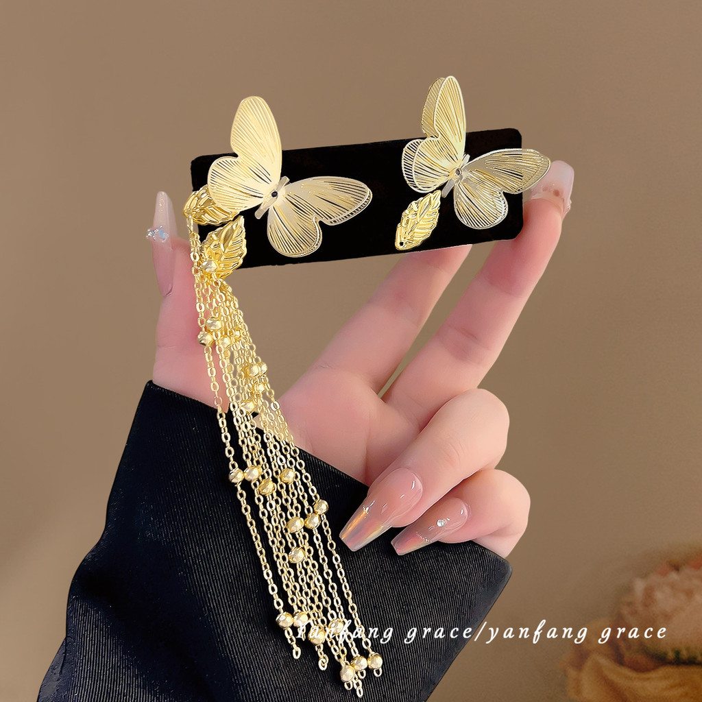 {Diemeng Fanghua} ใหม่จีนRetro Goldenผีเสื้อพู่กิ๊บหญิงคลิปด้านข้างเครื่องประดับผมโบราณBBคลิปHeaddress