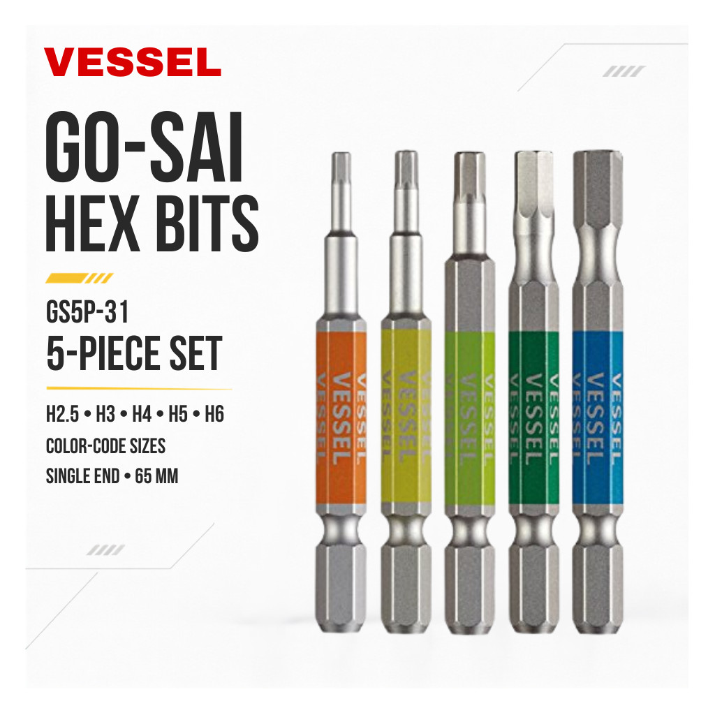 VESSEL GS5P-31 GO-SAI Single-End Hex Bit 5-Piece Set H2.5 H3 H4 H5 H6 Color Coded