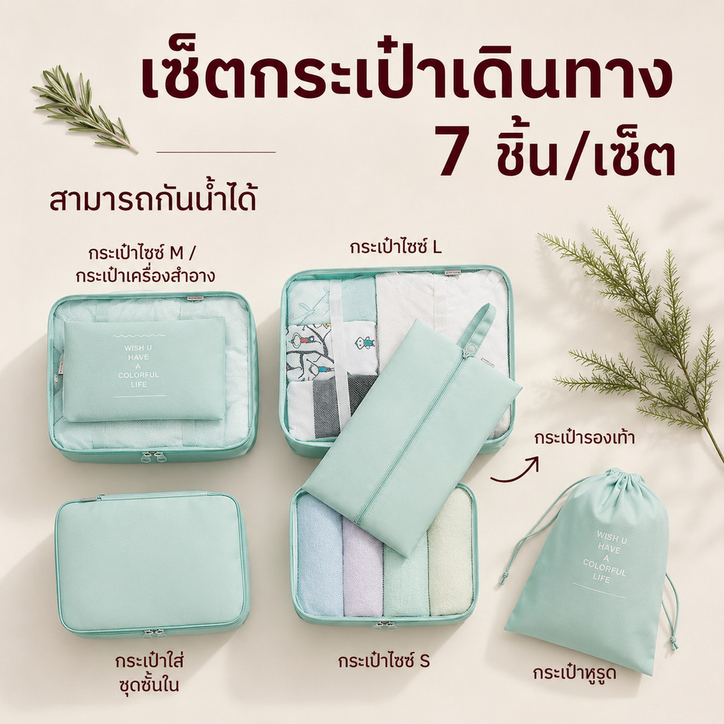 Home007 กระเป๋าจัดระเบียบเสื้อผ้า 7 ชิ้น ซิปหนา กันน้ำ สำหรับใส่กระเป๋าเดินทาง Travel Set