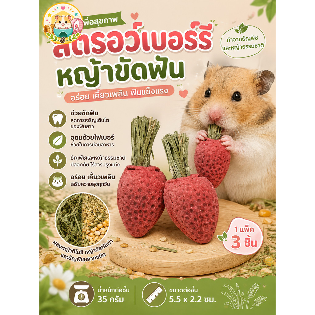 Hamster.lover ของเล่นนกแก้ว ขนมขัดปากนก สตรอว์เบอร์รีหญ้าธรรมชาติ แท่งหญ้าขัดฟันนก นกคอกคาเทล ซันคอนัวร์ (3ชิ้น/แพ็ค)