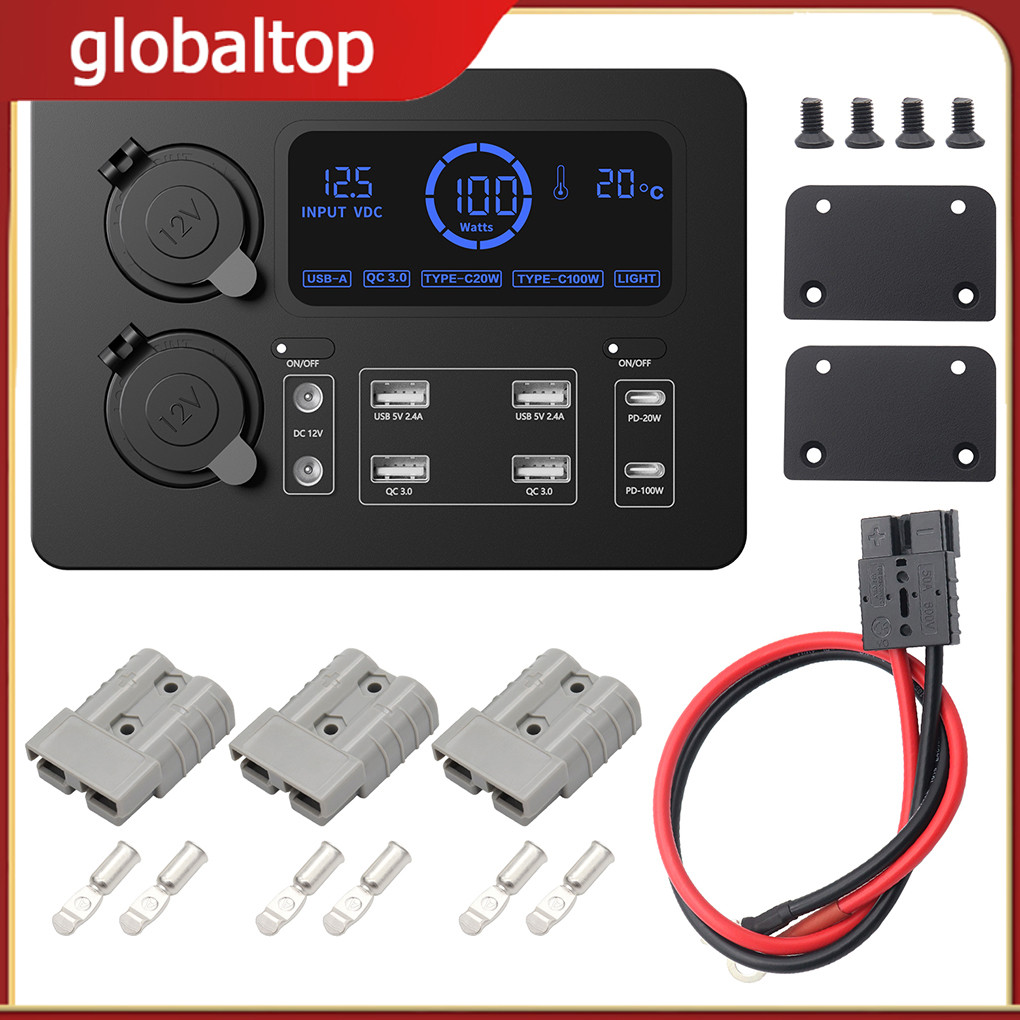 12V 100W จอแสดงผล LCD Power Box USB-C QC0 พอร์ต Mini Power Box แบบพกพาควบคุม Hub พร้อมไฟ LED เสริมปร