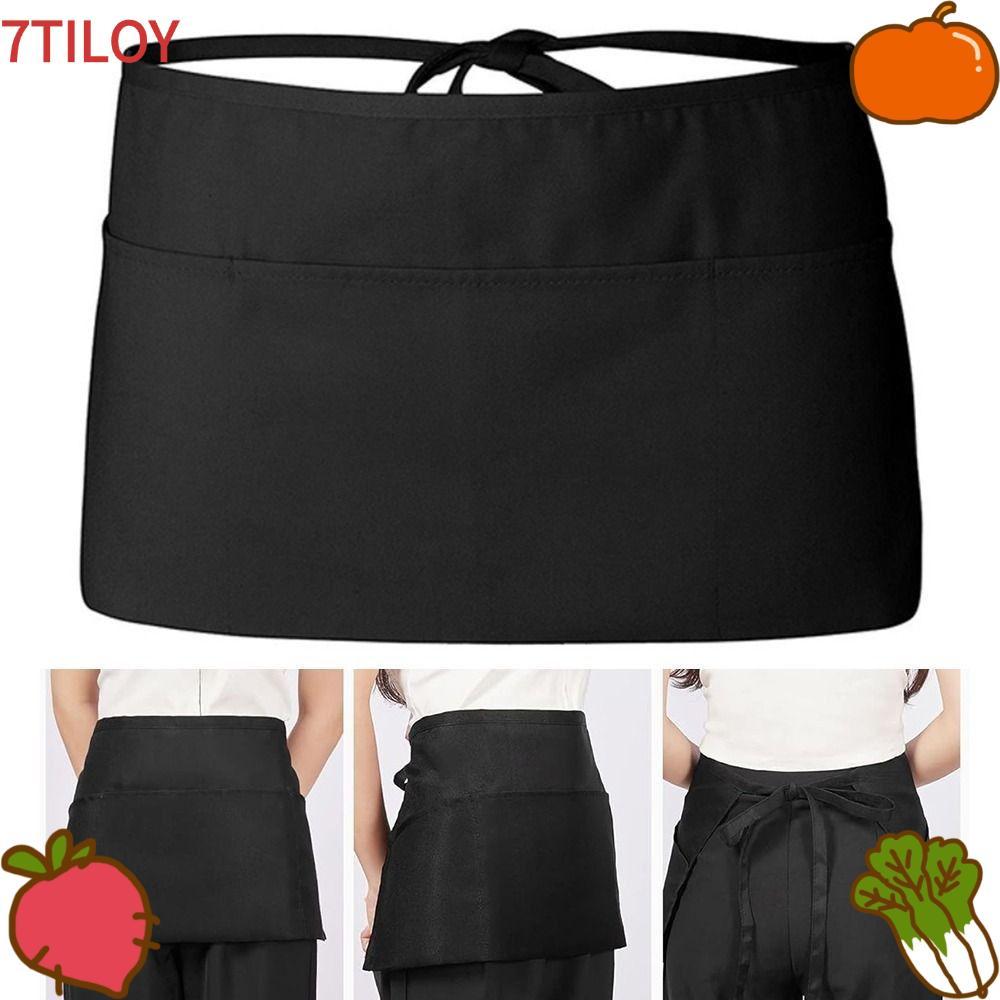 7TILOYSHOP ผ้ากันเปื้อนเอว ผ้ากันเปื้อนครึ่งตัวโพลีเอสเตอร์ 3 กระเป๋า ผ้ากันเปื้อนครึ่งเอวแฟชั่น ร้านคาเฟ่