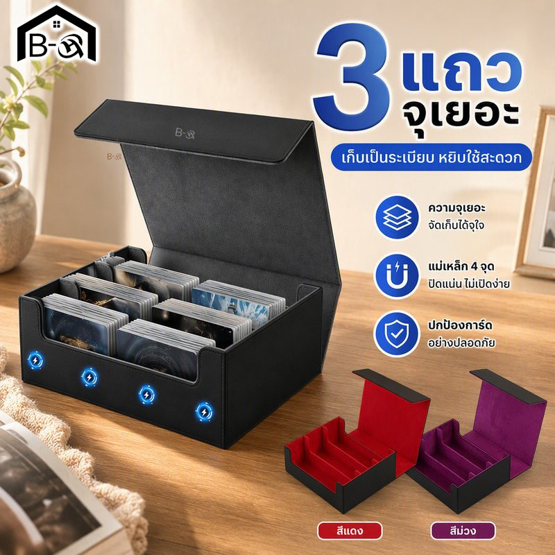 BHQ กล่องเก็บการ์ด เกม การ์ดสะสม 3 แถว หนัง PU กันน้ำ ปิดแม่เหล็ก มีแผ่นกั้น ป้องกันฝุ่น
