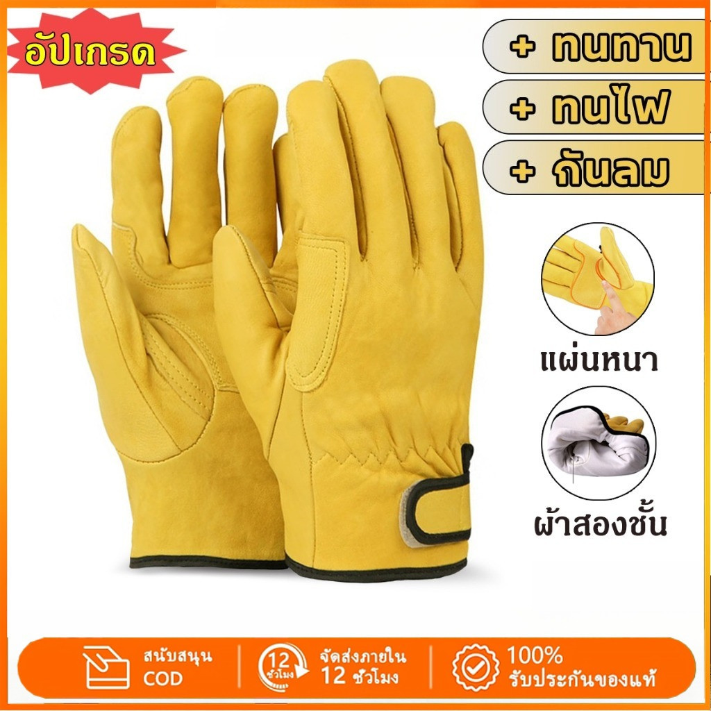 รุ่นอัพเกรด ถุงมือนิรภัยหนังวัว งานเชื่อมโลหะ ป้องกันความร้อน กันลื่น ทนทานสูง ไซส์กระชับ