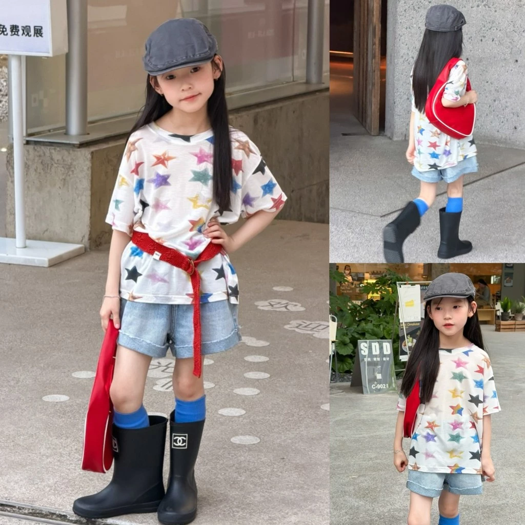 PRETTY BABY เสื้อเด็ก เสื้อยืดคอกลม ลายดาว กางเกงยีนส์เด็ก กางเกงขาสั้น(2362)