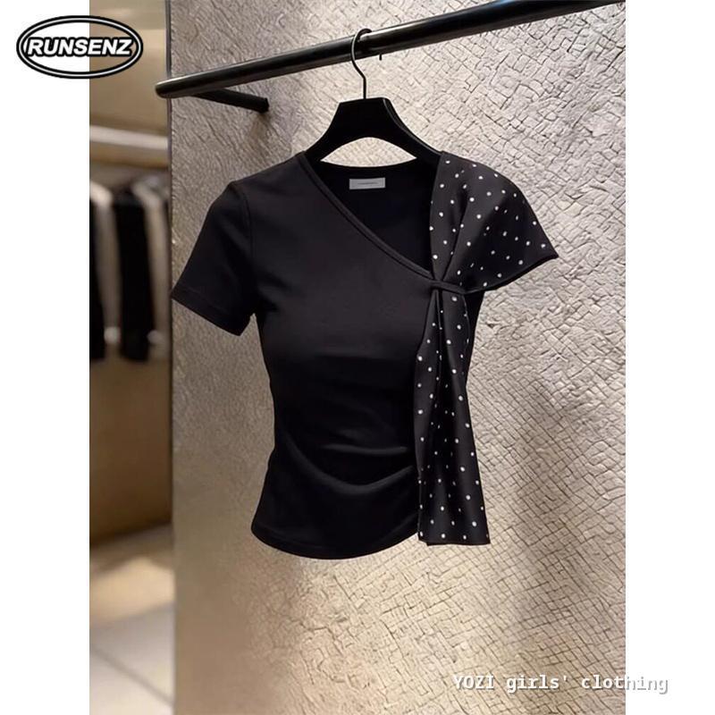 M-4XL V คอ Polka Dot Sash Tie Ruched Tshirt ผู้หญิง Plus ขนาดหลวมด้านบน