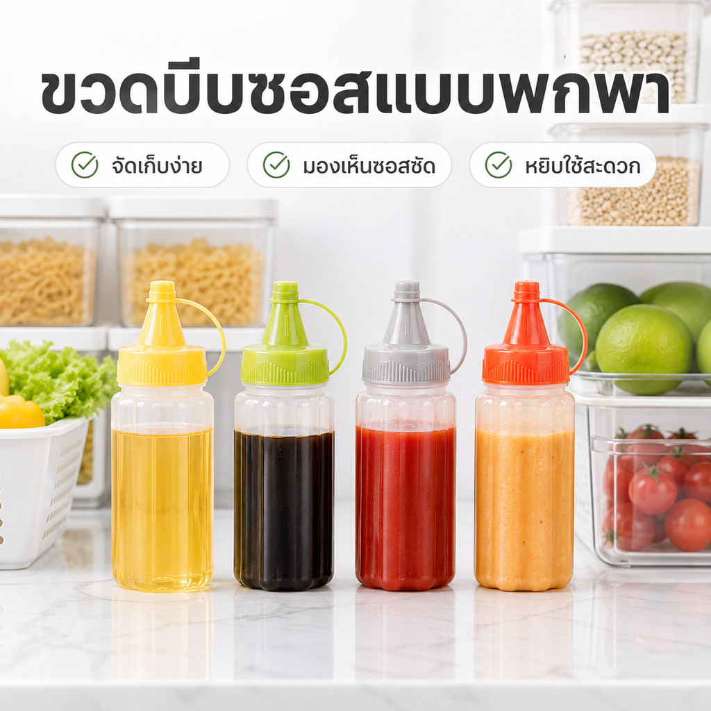 ครัวเล็กก็จัดซอสง่าย ขวดเครื่องปรุง 4 ขวด 30 มล. ปากเล็ก บีบง่าย เติมซ้ำได้ ฝาสวย 4 สี เหมาะกับทุกมื้อและทุกทริป