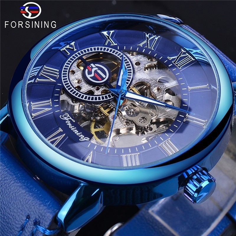 FORSINING/FORSINING Full Hollow Men Semi-Automatic Mechanical Watch Belt นาฬิกาผู้ชายขายส่งอินเทรนด์