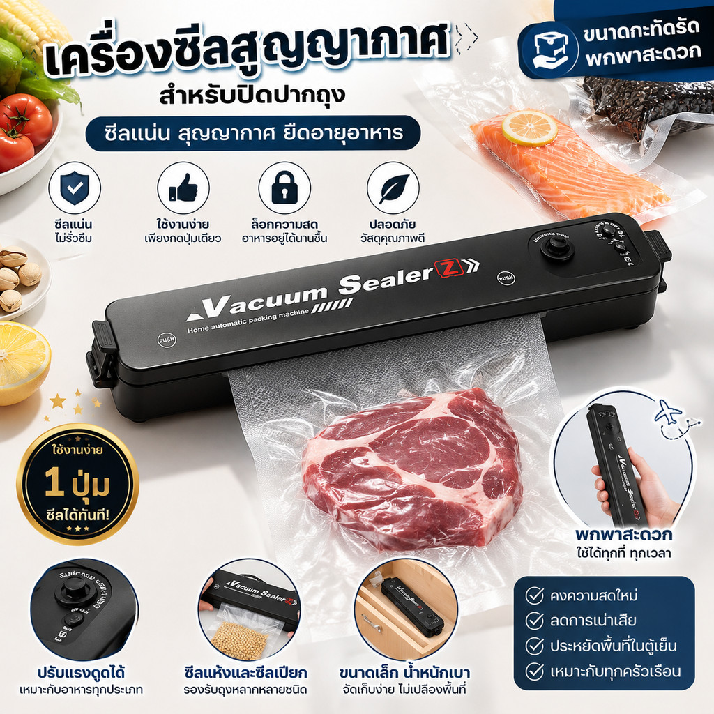 [ส่งฟรี] เครื่องซีล สุญญากาศ เครื่องซีลอัตโนมัติ สำหรับปิดปากถุง ถุงซีลสูญญากาศ 17x25 ซม.