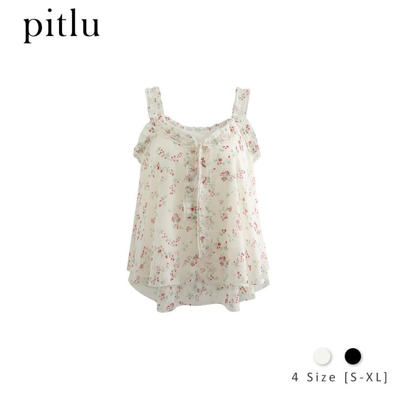พิทลู เสื้อกล้ามผ้าชีฟองลายดอกไม้ผู้หญิง ฤดูร้อนสไตล์ฝรั่งเศสขอบระบายคอวีผูกเชือกทรงหลวมเพื่อปกปิดหุ่น เหมาะกับใส่ด้านนอก จัดส่งจาก ไทยลา