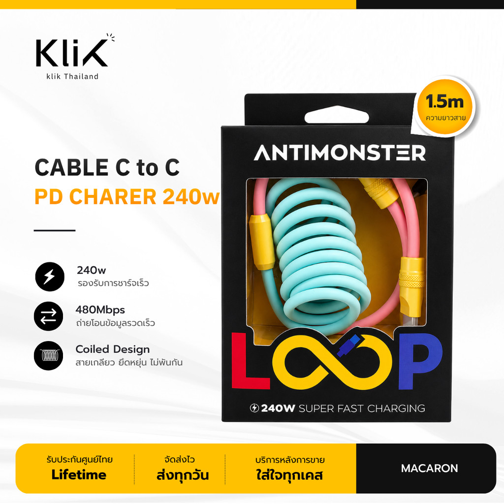 LOOP ANTIMONSTER ชาร์จเร็วแบบเกลียว Cable C to C PD | 1.5M | 240W MACARON