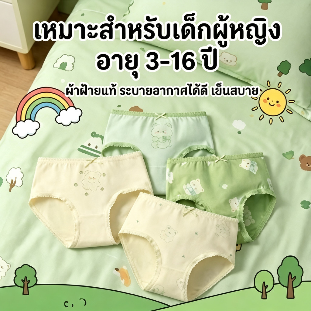 กางเกงในเด็กผู้หญิง ขาสามเหลี่ยม ผ้าฝ้ายแท้ เกรด A สำหรับเด็กโต ฤดูร้อน-ฝน ไม่กัดก้น สำหรับเด็กและทารก