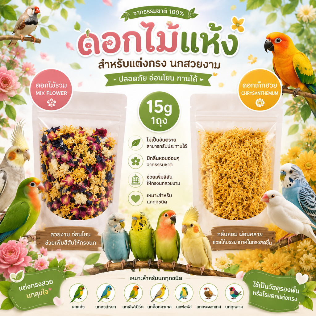 Parrot.thailand ดอกเก๊กฮวยแห้งสำหรับนกและสัตว์เล็ก 15g กลิ่นหอมธรรมชาติ ผ่อนคลาย ปลอดภัยทานได้
