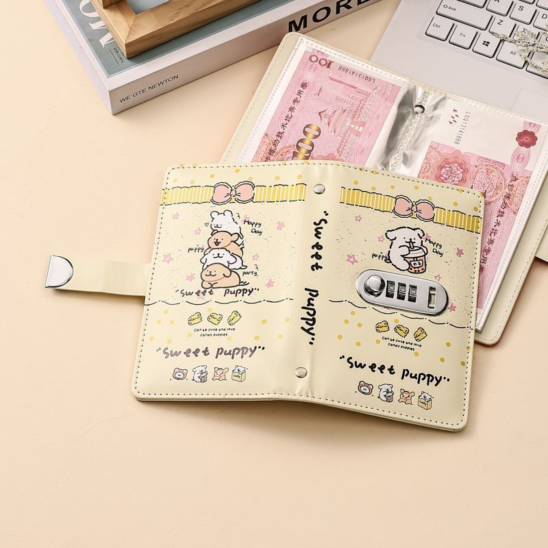 线条小狗钞票收藏册大容量人民币保护册可爱学生现金存钱本带锁Cash Savings Book Password Lock High Appearance Level Family Financial 