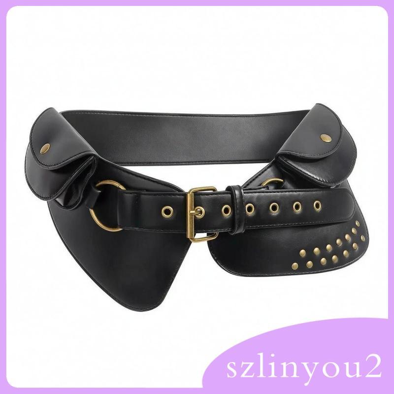 [szlinyou2] Layered Waist Belt Gold Hardware Studded Waist Belt Smooth Black
