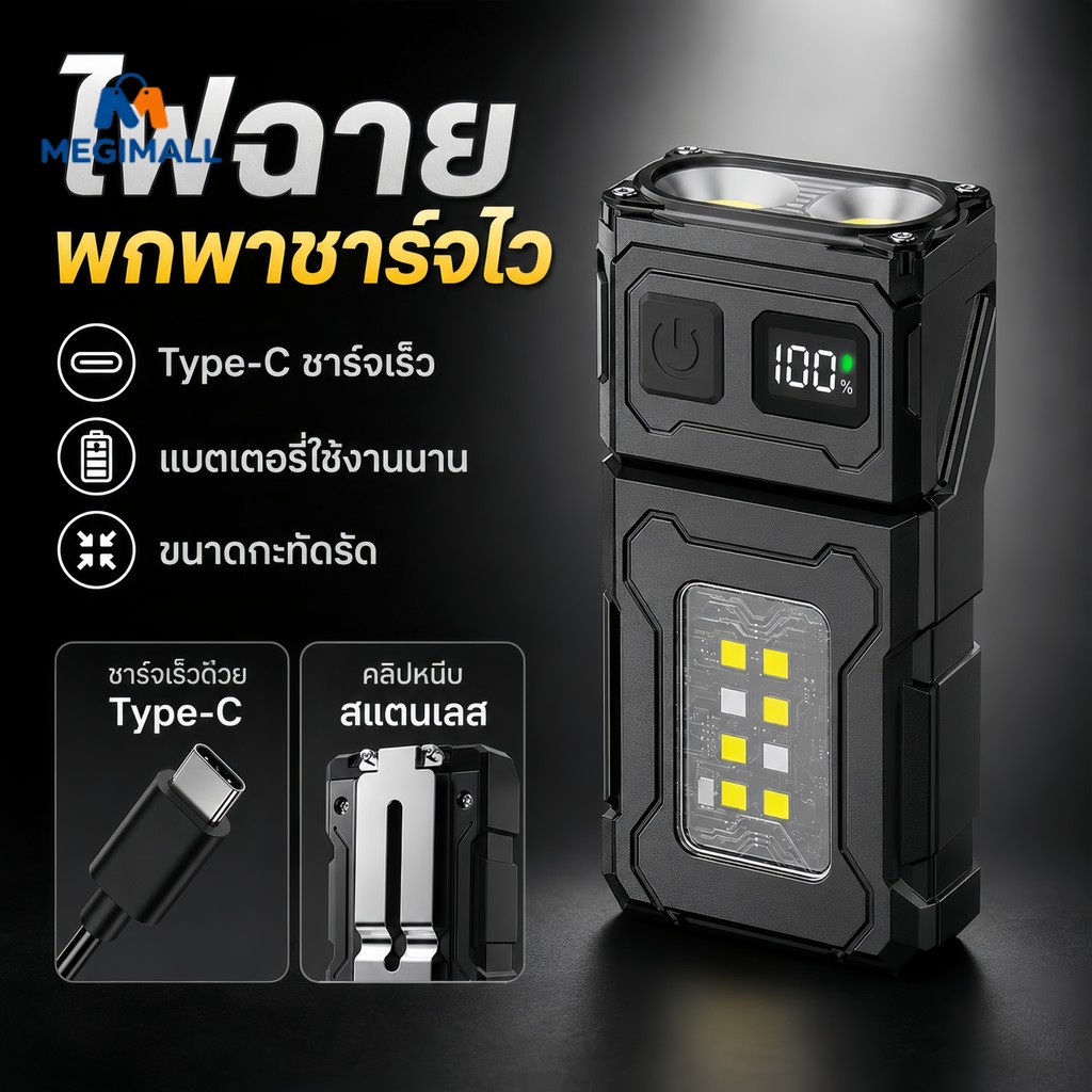 ⚡รุ่นใหม่2026⚡ไฟฉายพกพาแบบชาร์จไฟ USB ไฟฉายมัลติฟัง ด้วยแม่เหล็ก สว่างเป็นพิเศษ พร้อมหัวหมุนได้ 180°