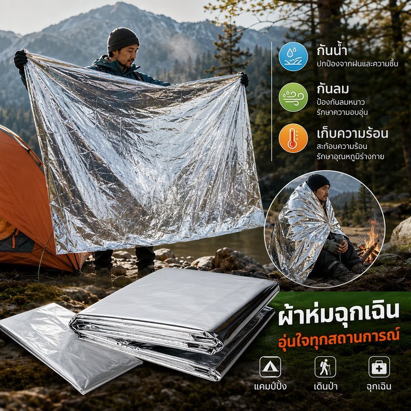 ผ้าห่มฉุกเฉิน ผ้าห่มอวกาศ แผ่นฟอยล์สะท้อนความร้อน กันน้ำ กันลม ฉุกเฉิน เดินป่า แคมป์ปิ้ง