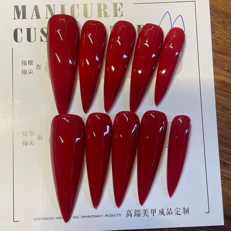 纯色. 红超长尖指甲贴片甲片穿戴可拆卸纯手工高级风细狗Red Fake Nails, Almond Shaped Nails, Water Droplet Nails, Jelly Glue, Sol