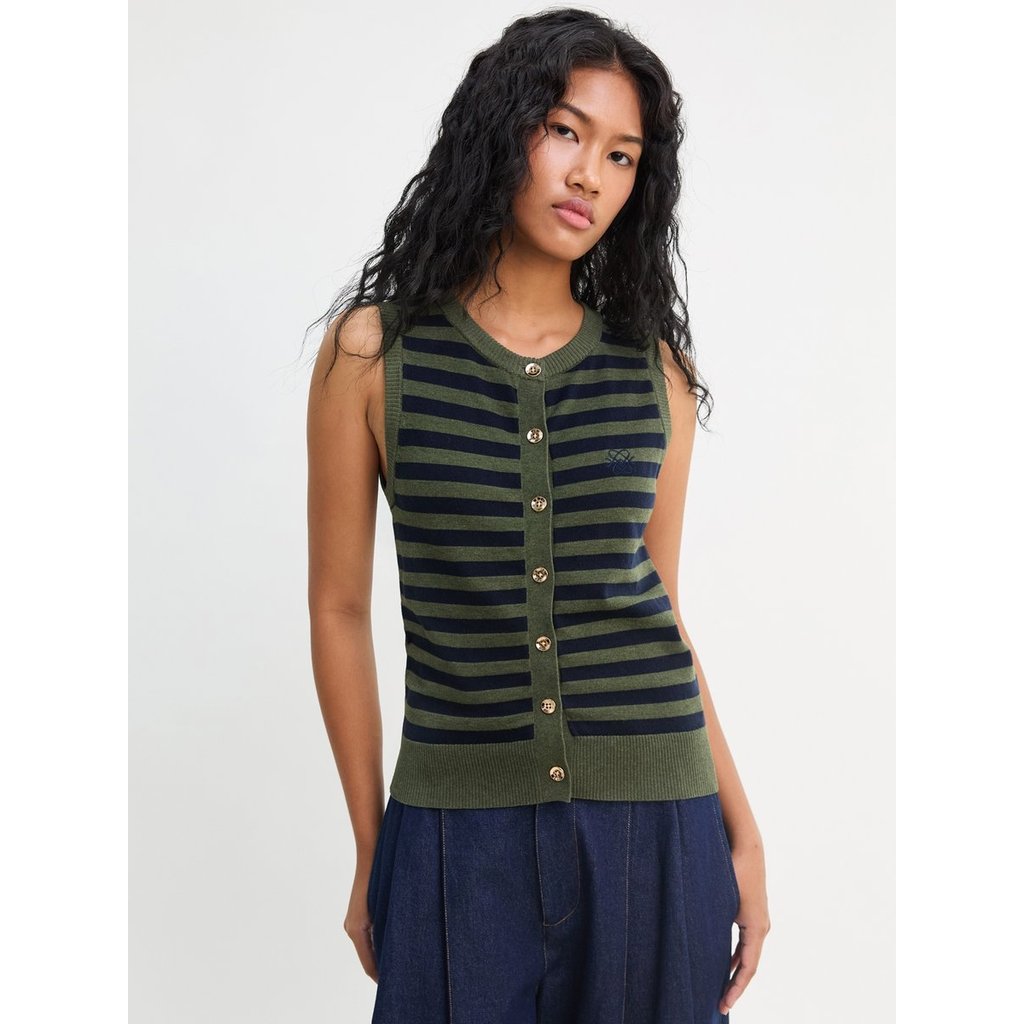 [Pomelo] เสื้อกั๊กไหมพรมลายทางแต่งดีเทลเข็มขัด / Striped Knit Vest with Belt Detail — صورة 5