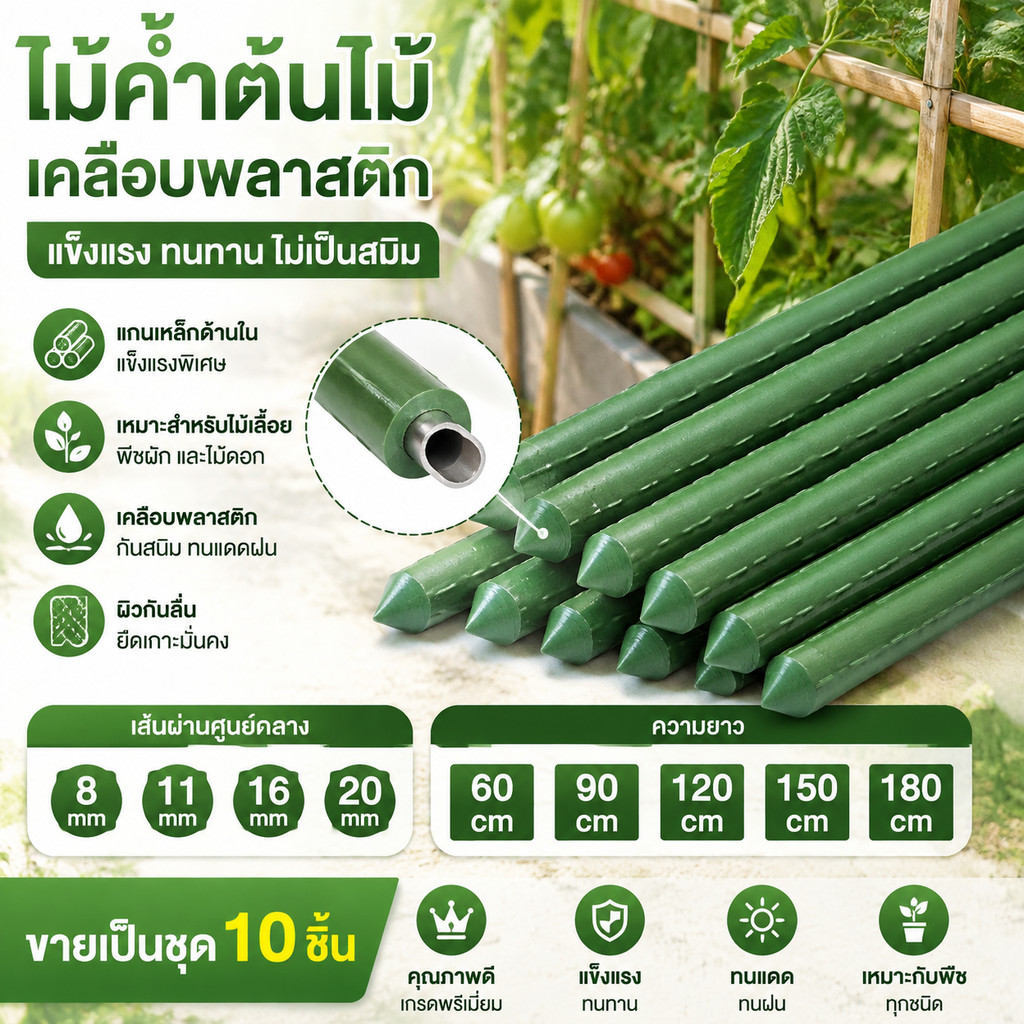 ชุด 10 แท่ง เสาค้ำต้นไม้เหล็กเคลือบPE 60‑180ซม หนา 8‑20มม กันน้ำกันสนิม เสาไม้เลื้อย สำหรับปลูกผัก มะเขือเทศ ทำซุ้มกิ่ง