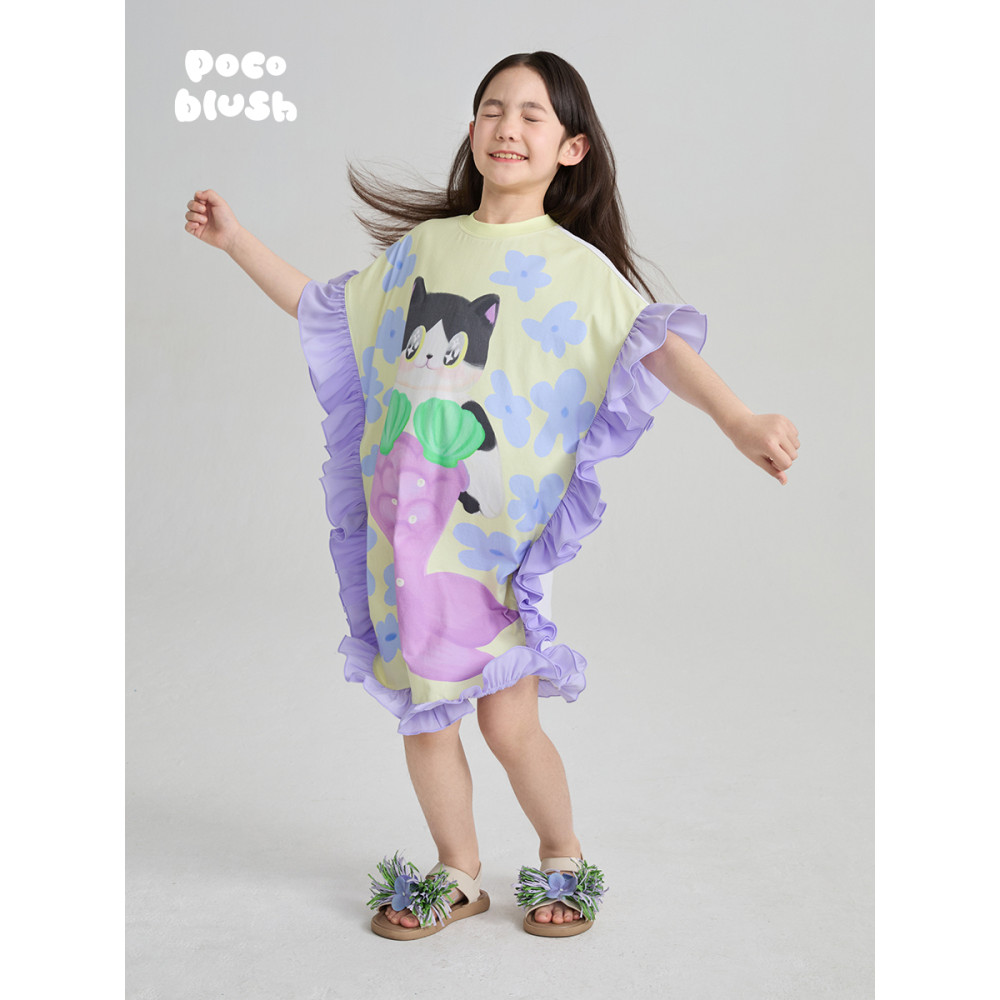 Pocoblush Original Design Hawaiian Fishtail Cat Ruffled Dress Girls Hand-Painted พิมพ์กระโปรงยาว