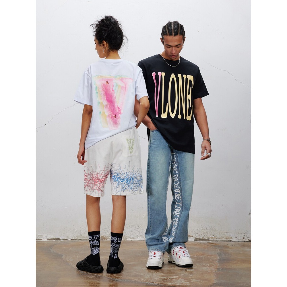 VLONE STAPLE Series Color-Blocking Big V พิมพ์ Unisex แขนสั้น American Street Youthful แฟชั่นทุกวันเ