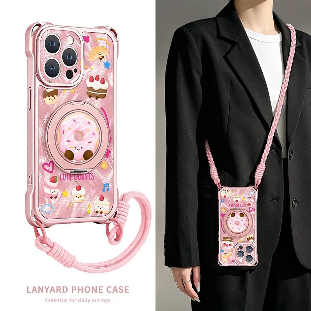 เค้กขนมสีชมพูสี่มุม Lanyard เหมาะสําหรับ Apple 17promax เคสโทรศัพท์ Huawei mate60pro Creative pura70